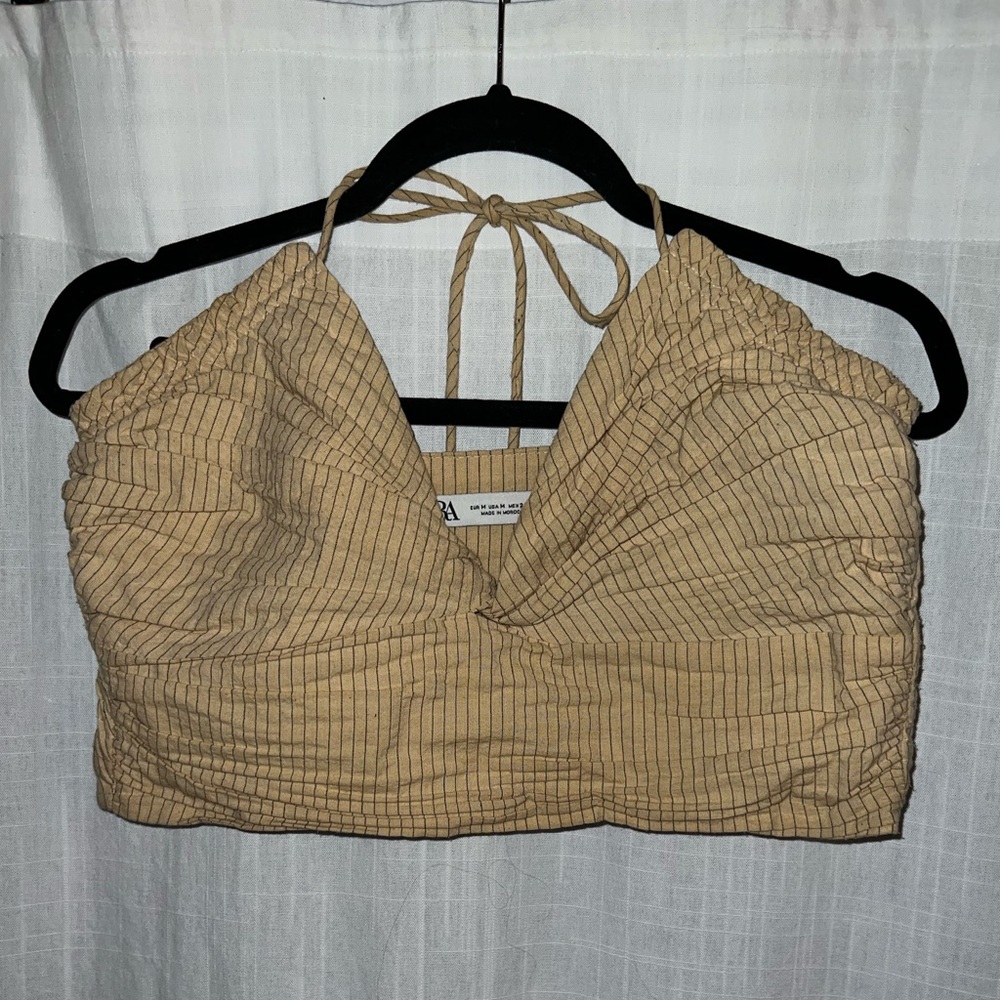 Zara Bralette Halter Tie w Cream Beads at Ends Pin Stripe Rouched Crop Top Med